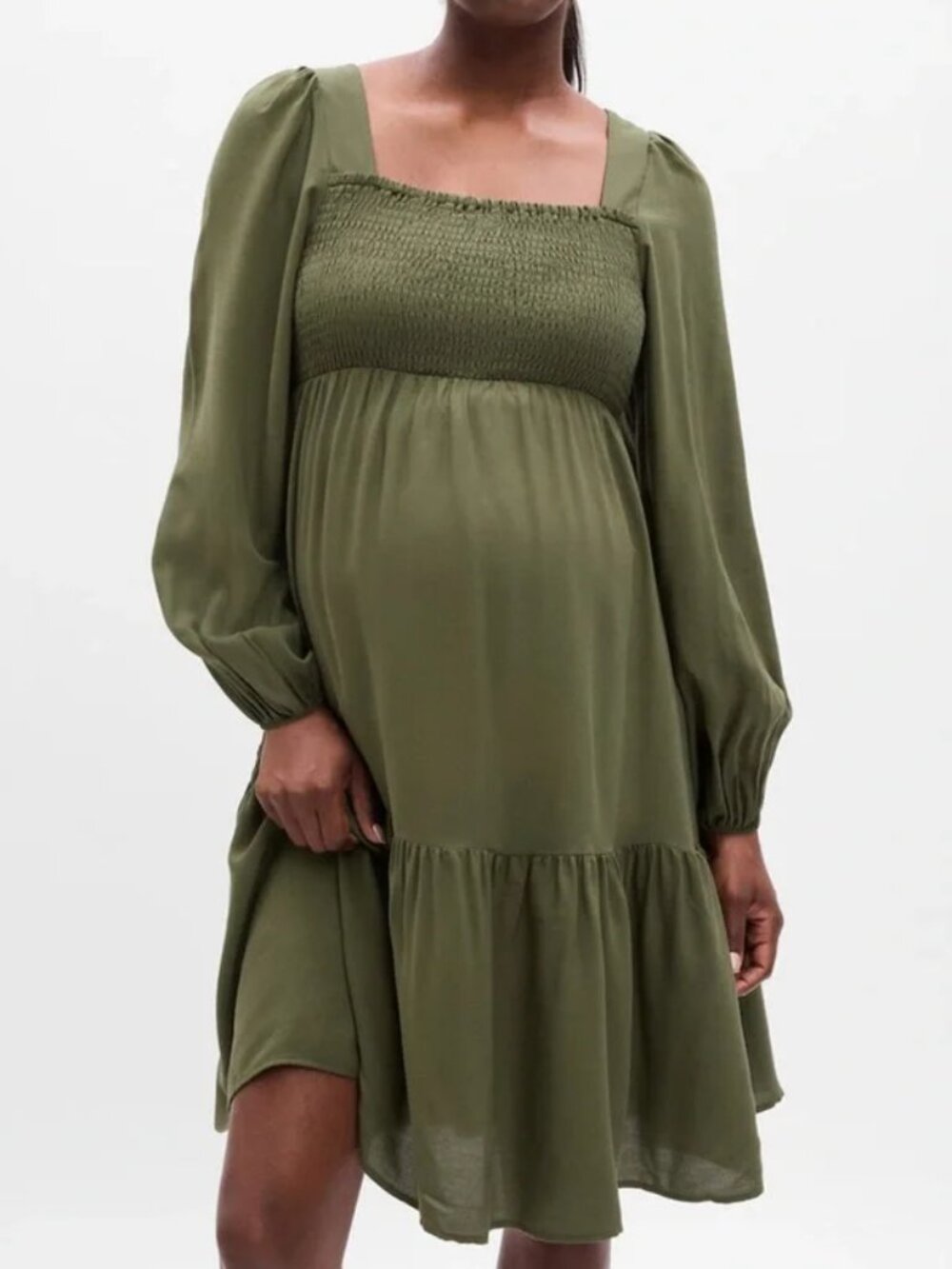 GAP Maternity Olive Green Smocked Square-Neck Long Sleeve Midi Dress M